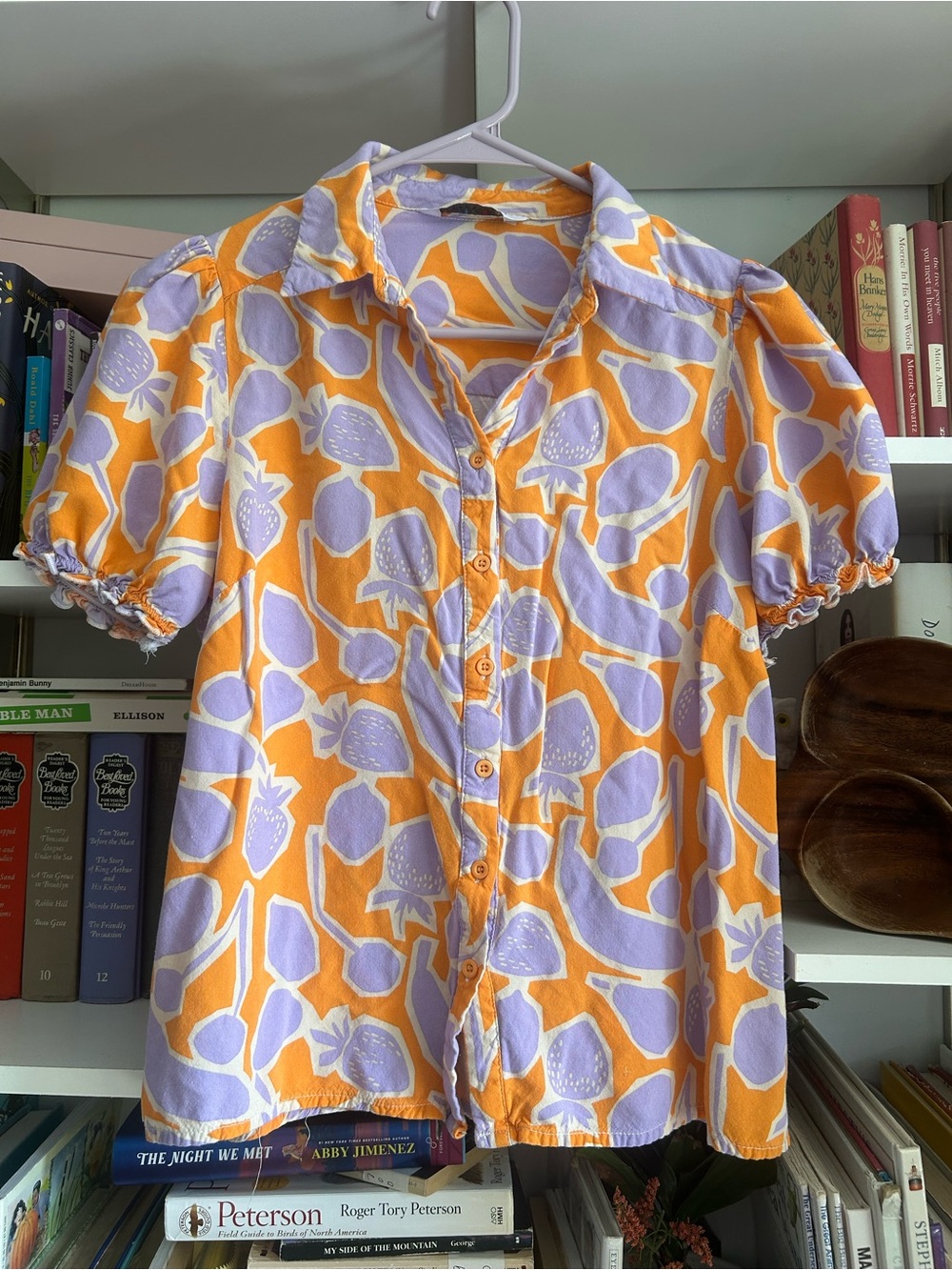 Women's Short-Sleeve Button Front Blouse in Orange and Lavender